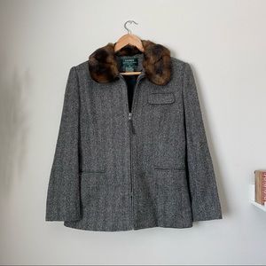 VINTAGE Lauren by Ralph Lauren Herringbone Zip Blazer with Faux Fur Collar 8P